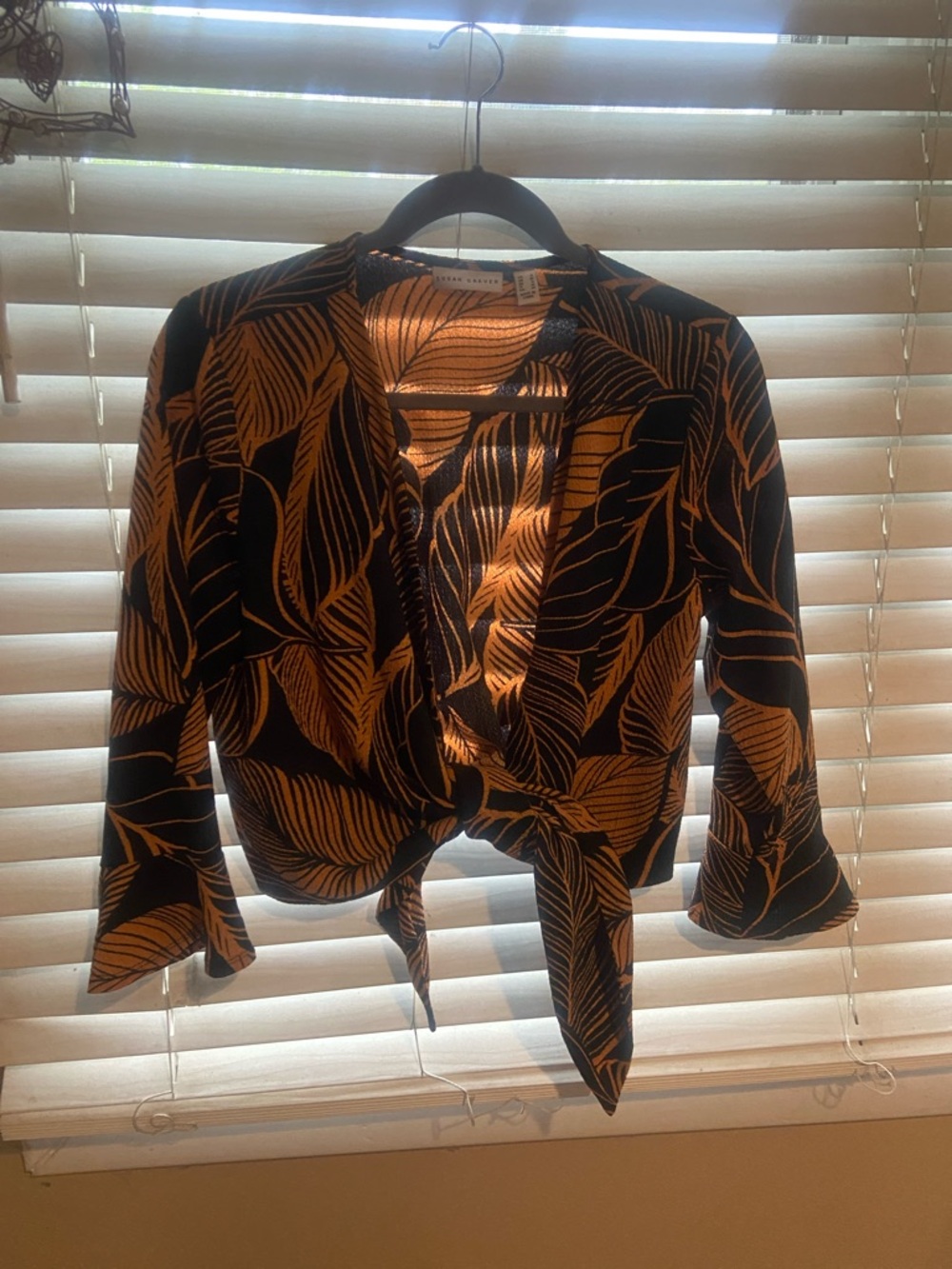 Zara Black and Mustard Leaf Tie-Front Blouse